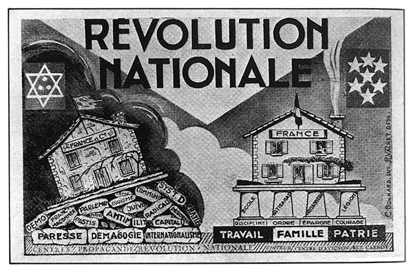 After France's fall to the Nazis, the collaborationist regime of Marshal Philippe Pétain imposed a new order called the Révolution Nationale that charged Jews, Communists, Freemasons, and the influences of laziness, drink, and egoism as being responsible for the country's humbling defeat.